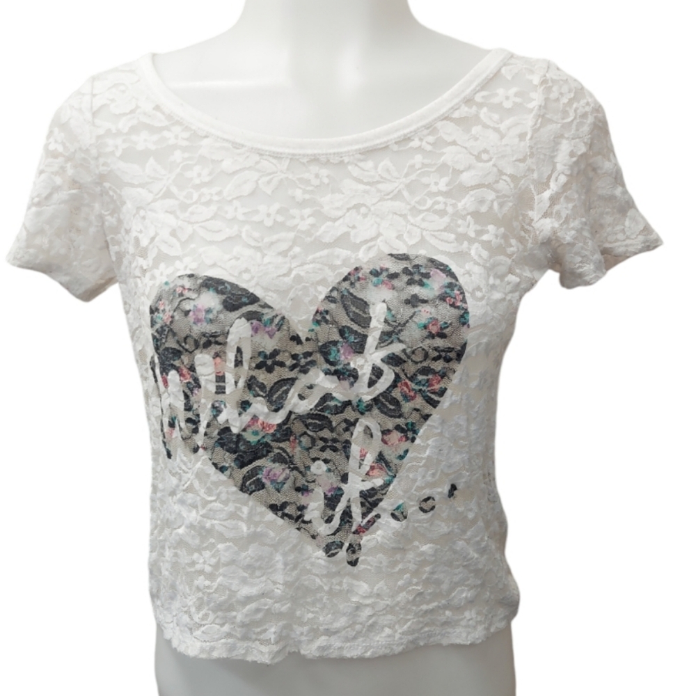 Garage What If Heart Button Back Sheer Lace Short Sleeve Top